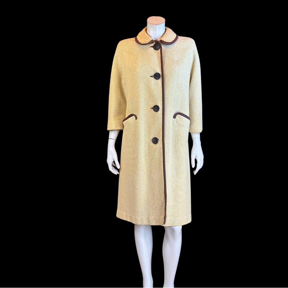 50s 60s Cream & Brown Mid Weight Swing Coat / Small Medium